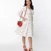 Unique Vintage White & Cherry Print Pin Dot Keyhole Neck Swing Dress