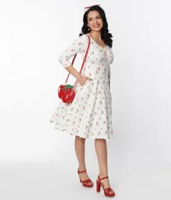 Unique Vintage White & Cherry Print Pin Dot Keyhole Neck Swing Dress