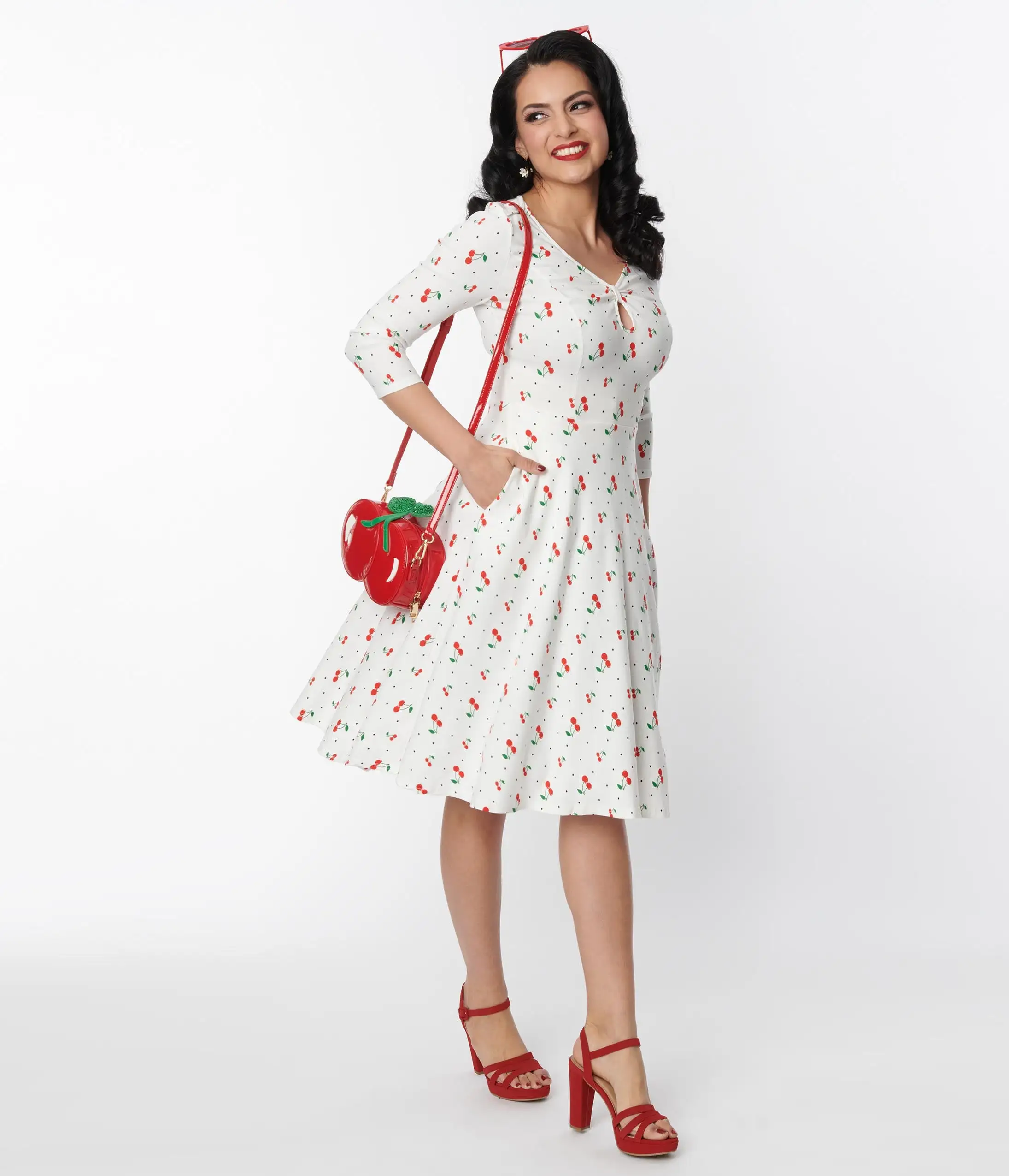 Unique Vintage White & Cherry Print Pin Dot Keyhole Neck Swing Dress