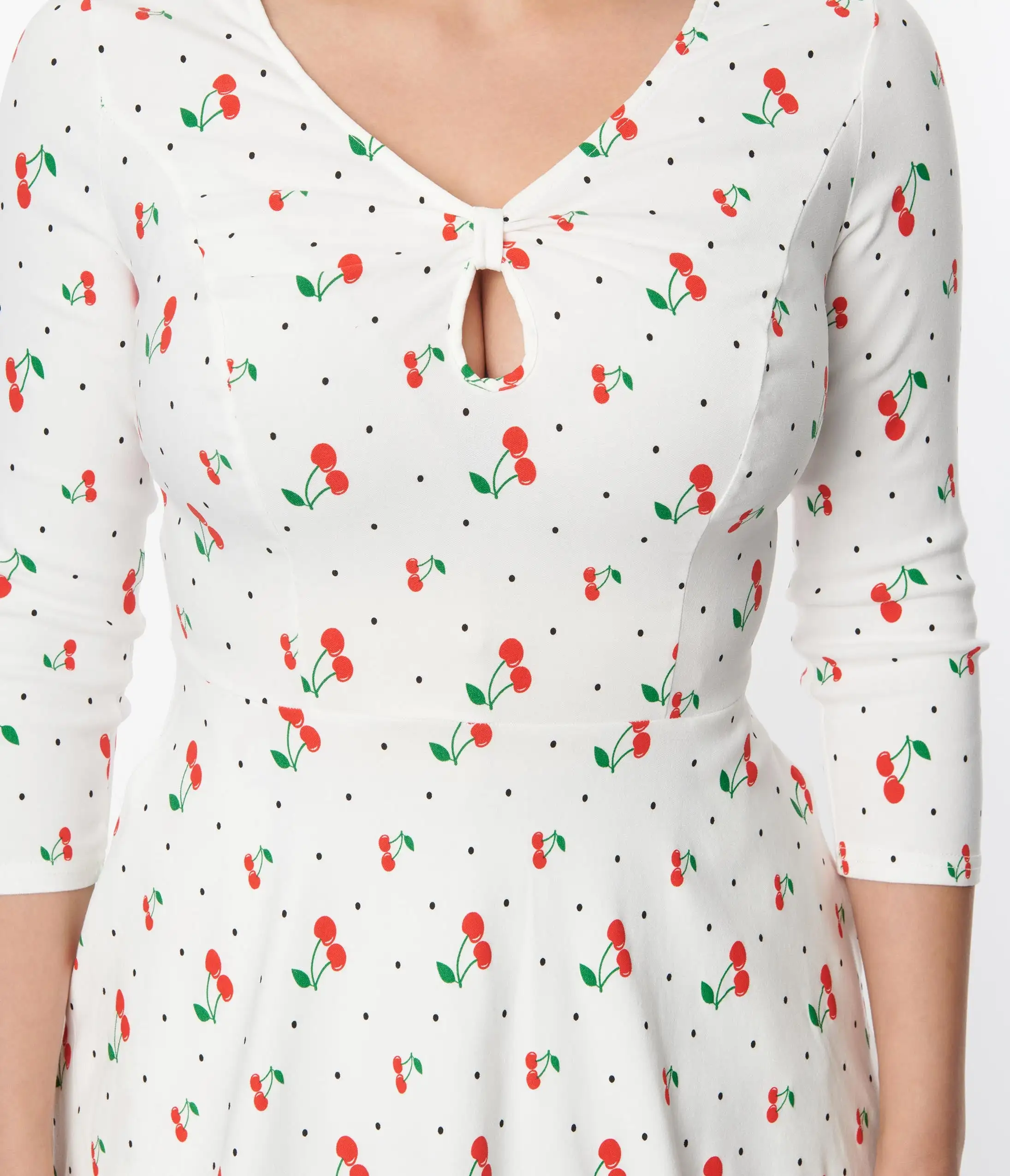 Unique Vintage White & Cherry Print Pin Dot Keyhole Neck Swing Dress - Image 2