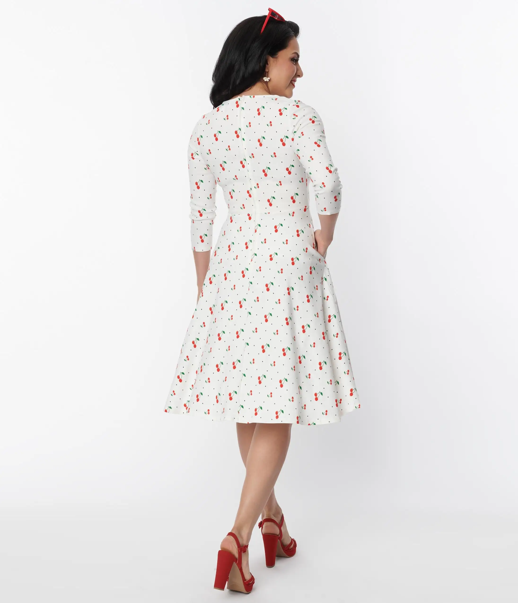 Unique Vintage White & Cherry Print Pin Dot Keyhole Neck Swing Dress - Image 3