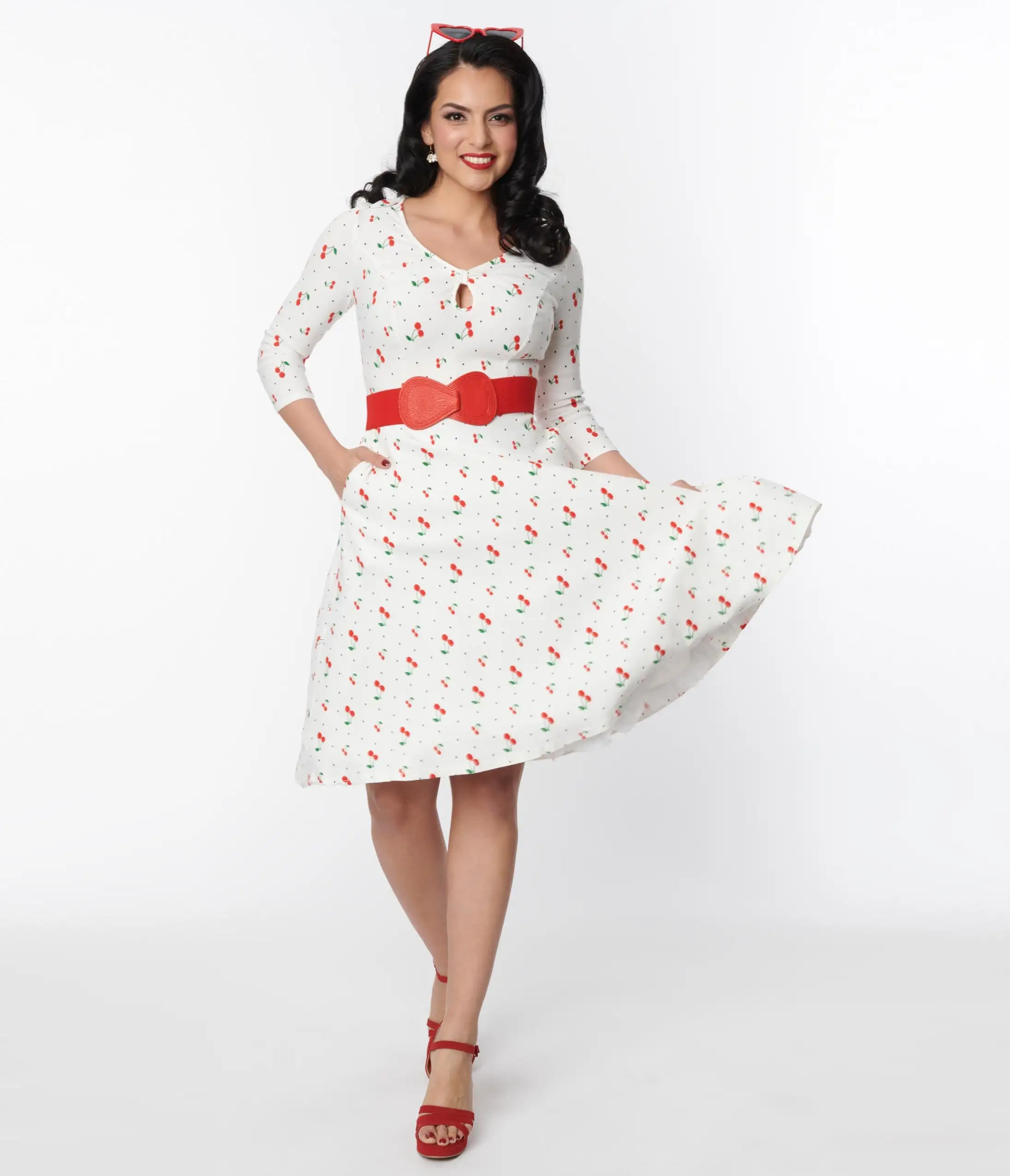 Unique Vintage White & Cherry Print Pin Dot Keyhole Neck Swing Dress - Image 4