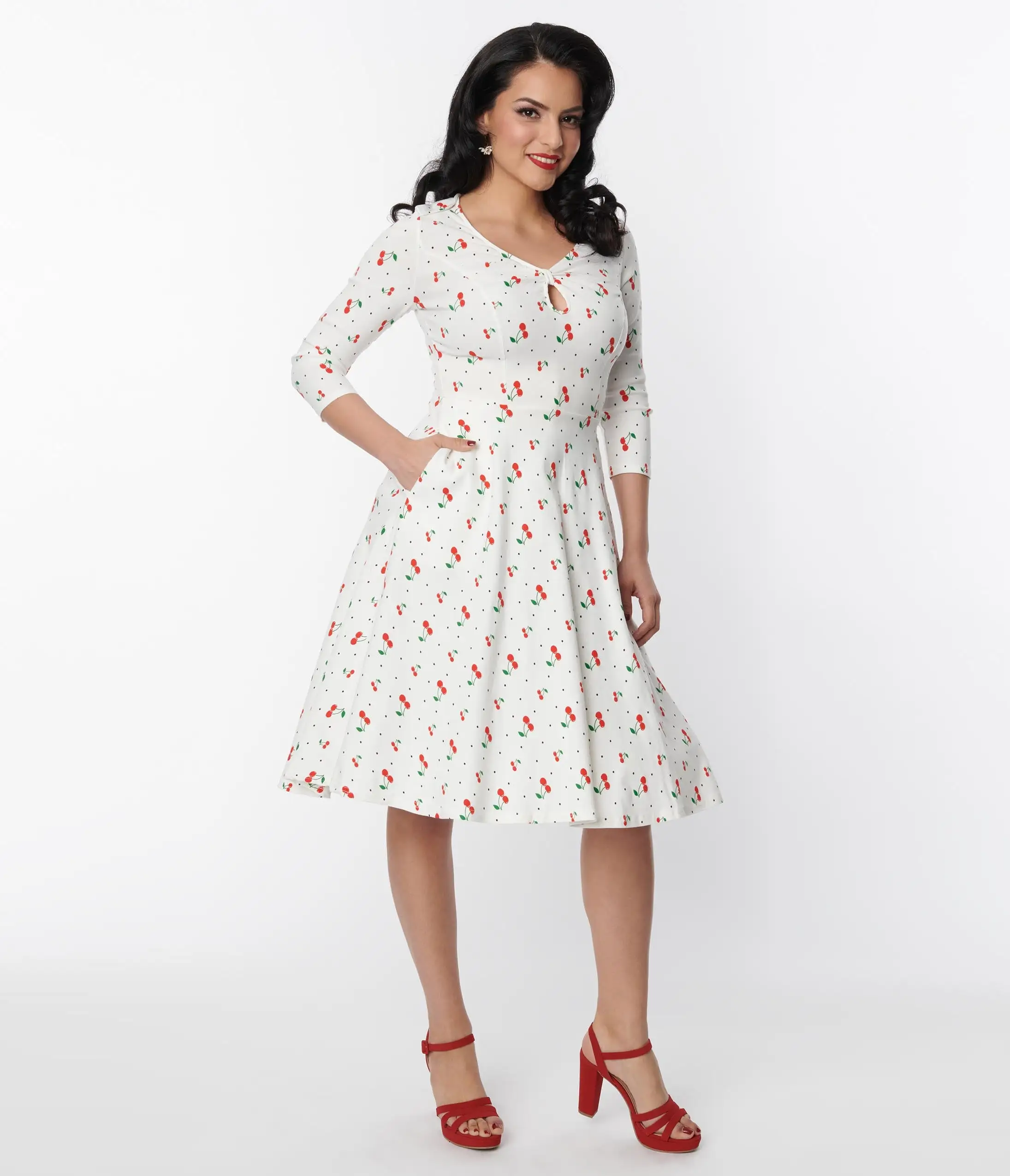 Unique Vintage White & Cherry Print Pin Dot Keyhole Neck Swing Dress - Image 5
