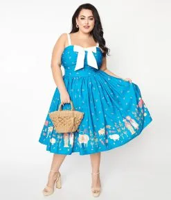 Unique Vintage Plus Size Blue & White Farm Border Golightly Swing Dress