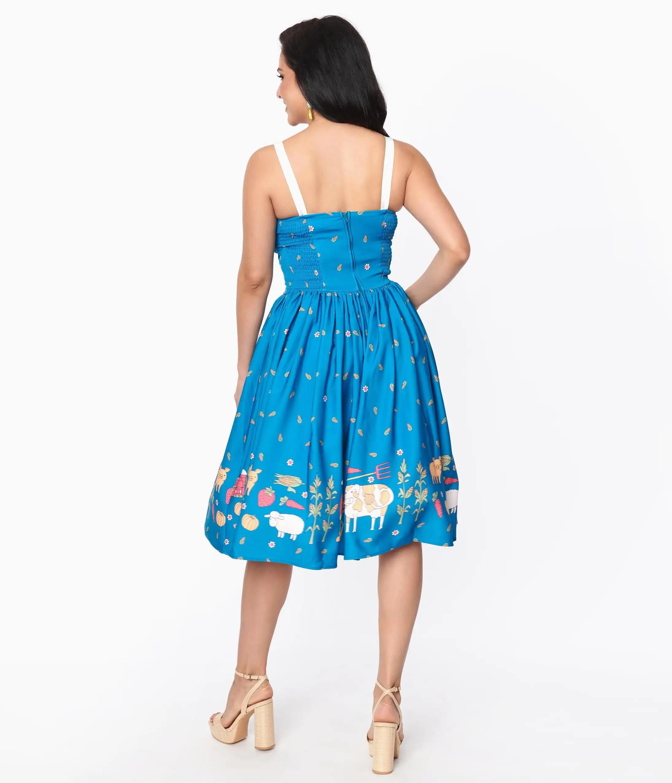 Unique Vintage Blue & White Farm Border Golightly Swing Dress - Image 3