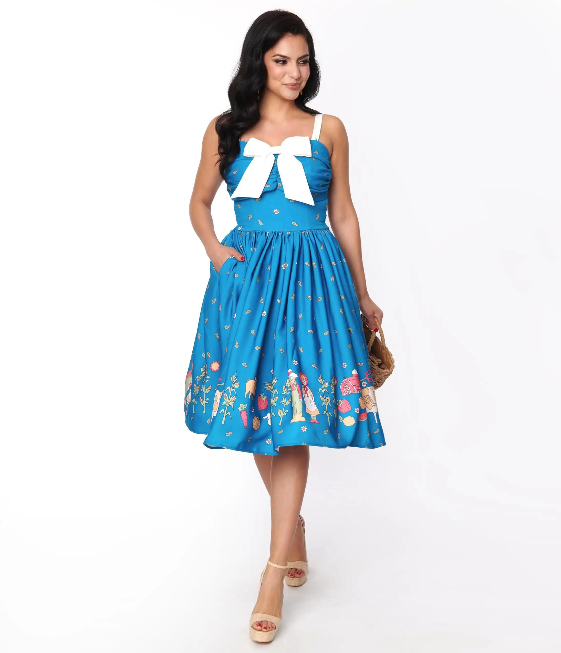 Unique Vintage Blue & White Farm Border Golightly Swing Dress - Image 4