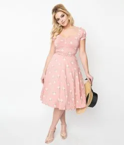 Unique Vintage Pink & Cream Rose Print Ohara Swing Dress