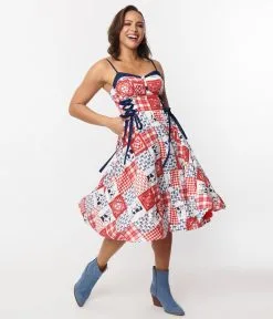 Unique Vintage Cow Patchwork Side Lace Swing Dress