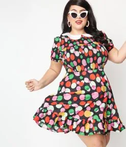 Smak Parlour Plus Size Black & Rainbow Dot Smocked Fit & Flare Dress
