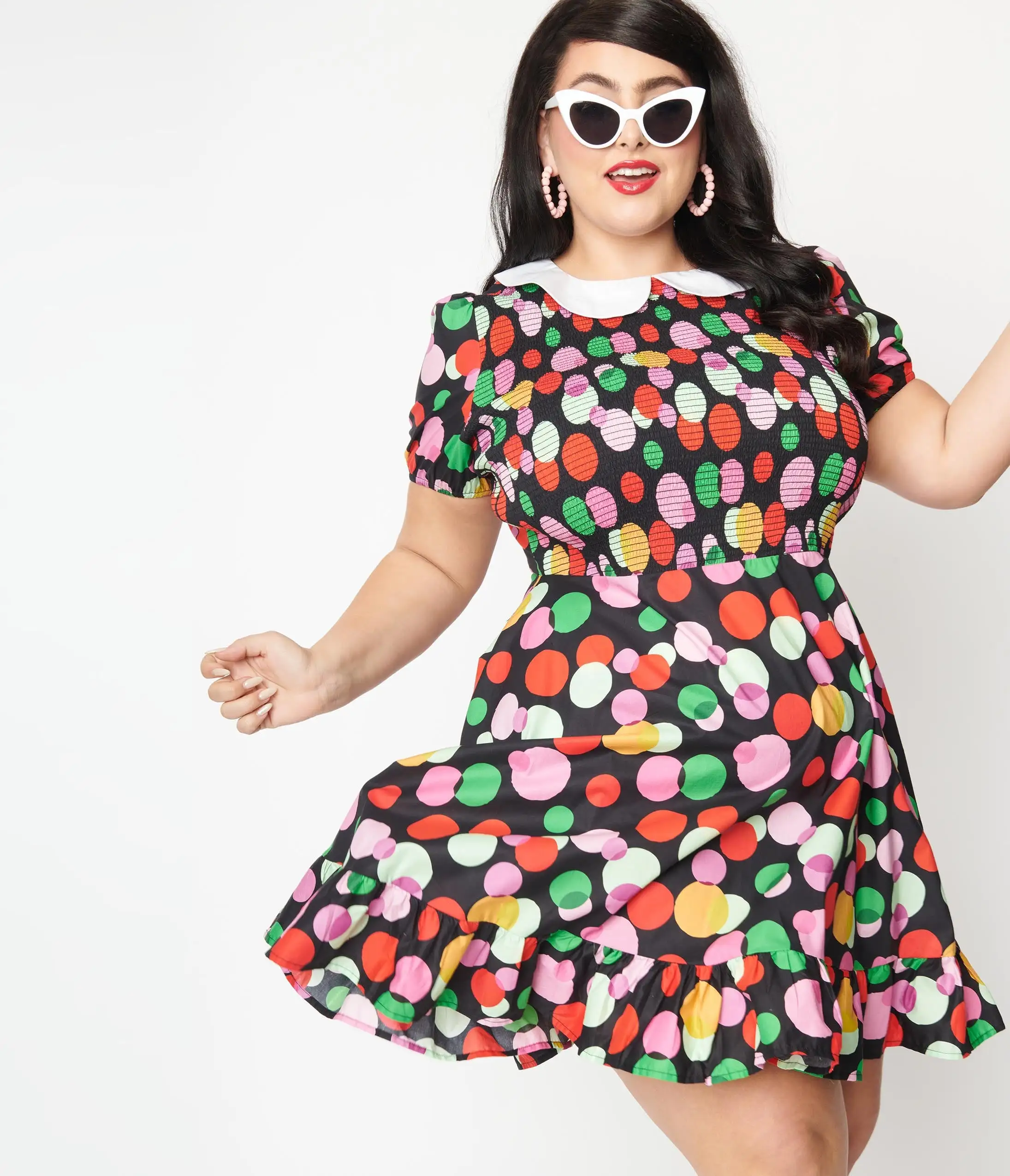 Smak Parlour Plus Size Black & Rainbow Dot Smocked Fit & Flare Dress