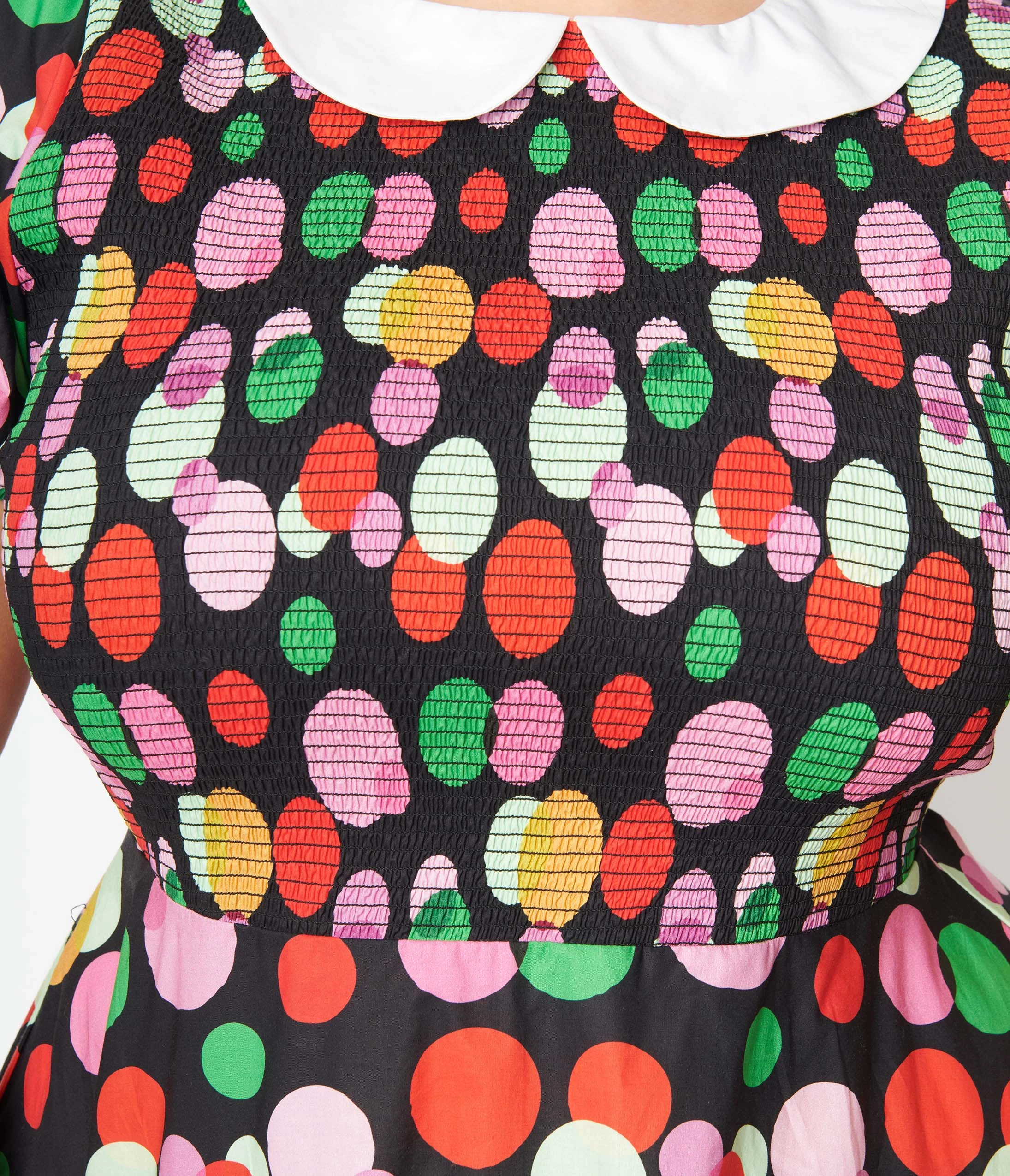 Smak Parlour Plus Size Black & Rainbow Dot Smocked Fit & Flare Dress - Image 2