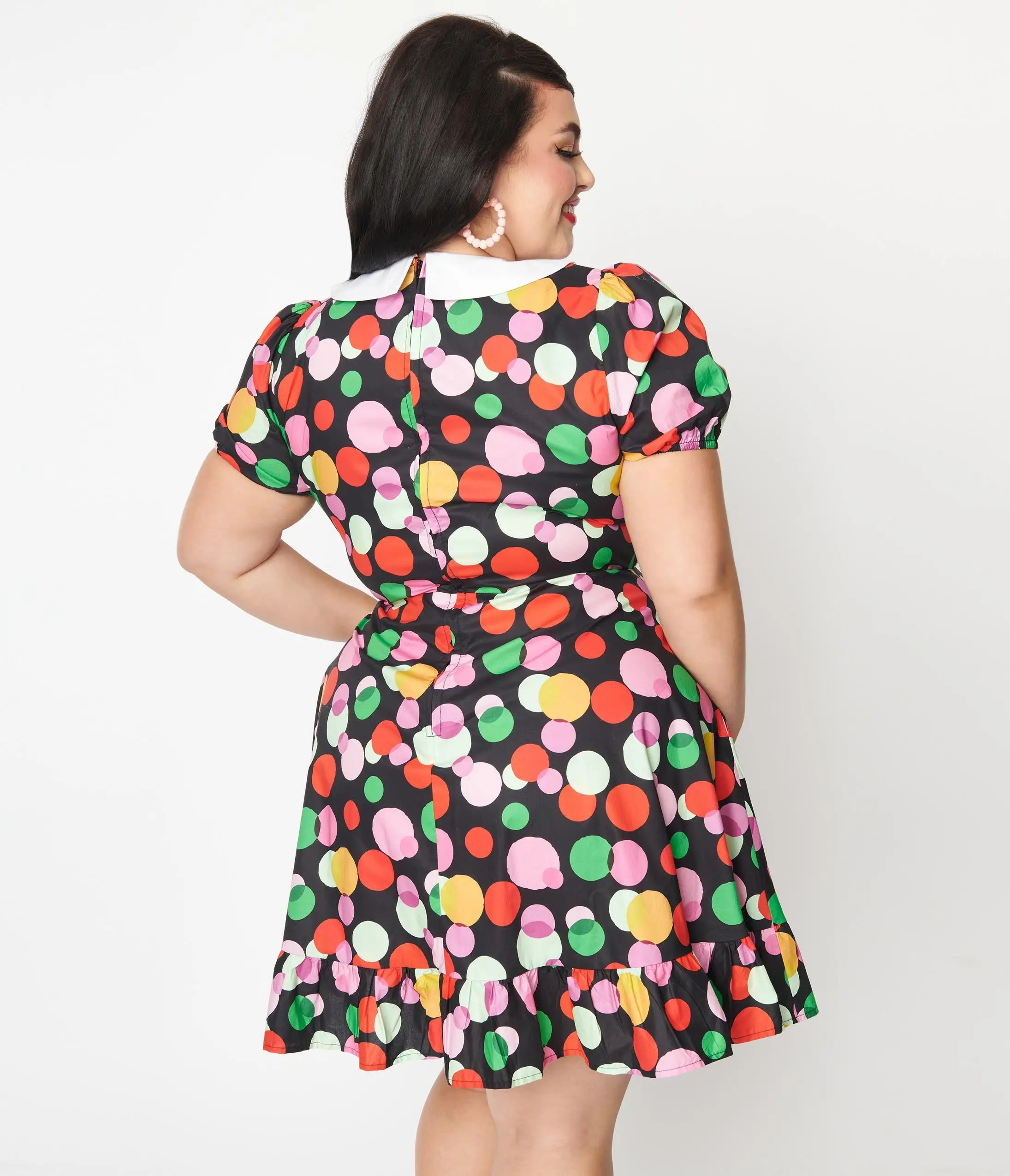 Smak Parlour Plus Size Black & Rainbow Dot Smocked Fit & Flare Dress - Image 3