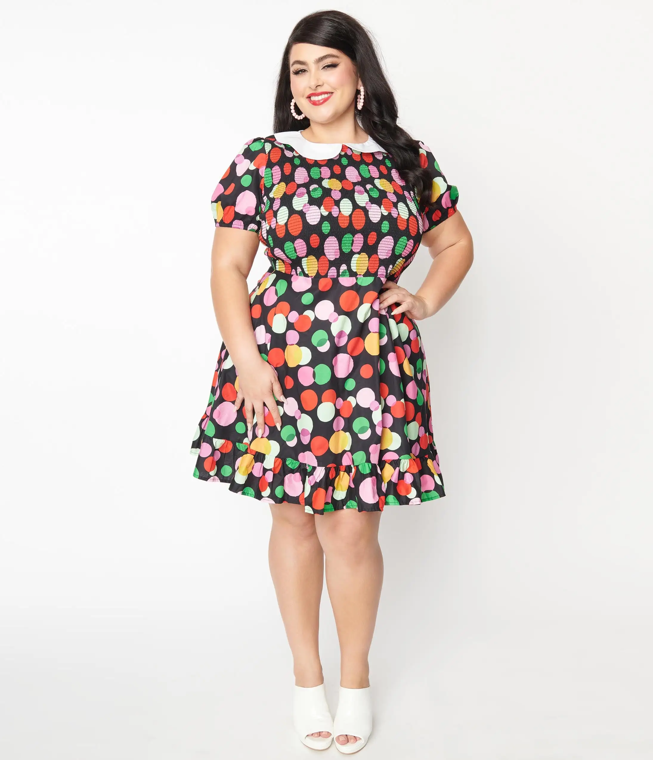 Smak Parlour Plus Size Black & Rainbow Dot Smocked Fit & Flare Dress - Image 4