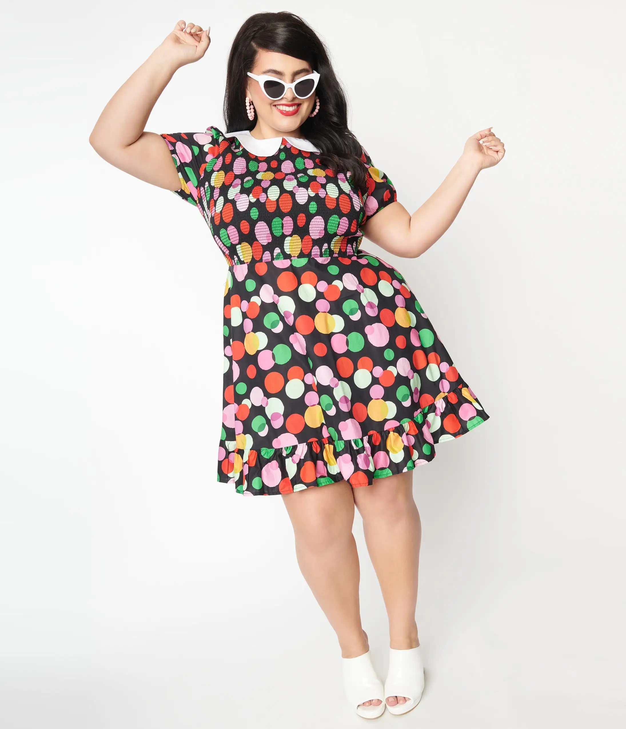 Smak Parlour Plus Size Black & Rainbow Dot Smocked Fit & Flare Dress - Image 5