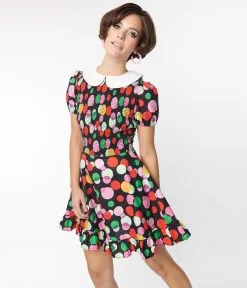 Smak Parlour Black & Rainbow Dot Smocked Fit & Flare Dress