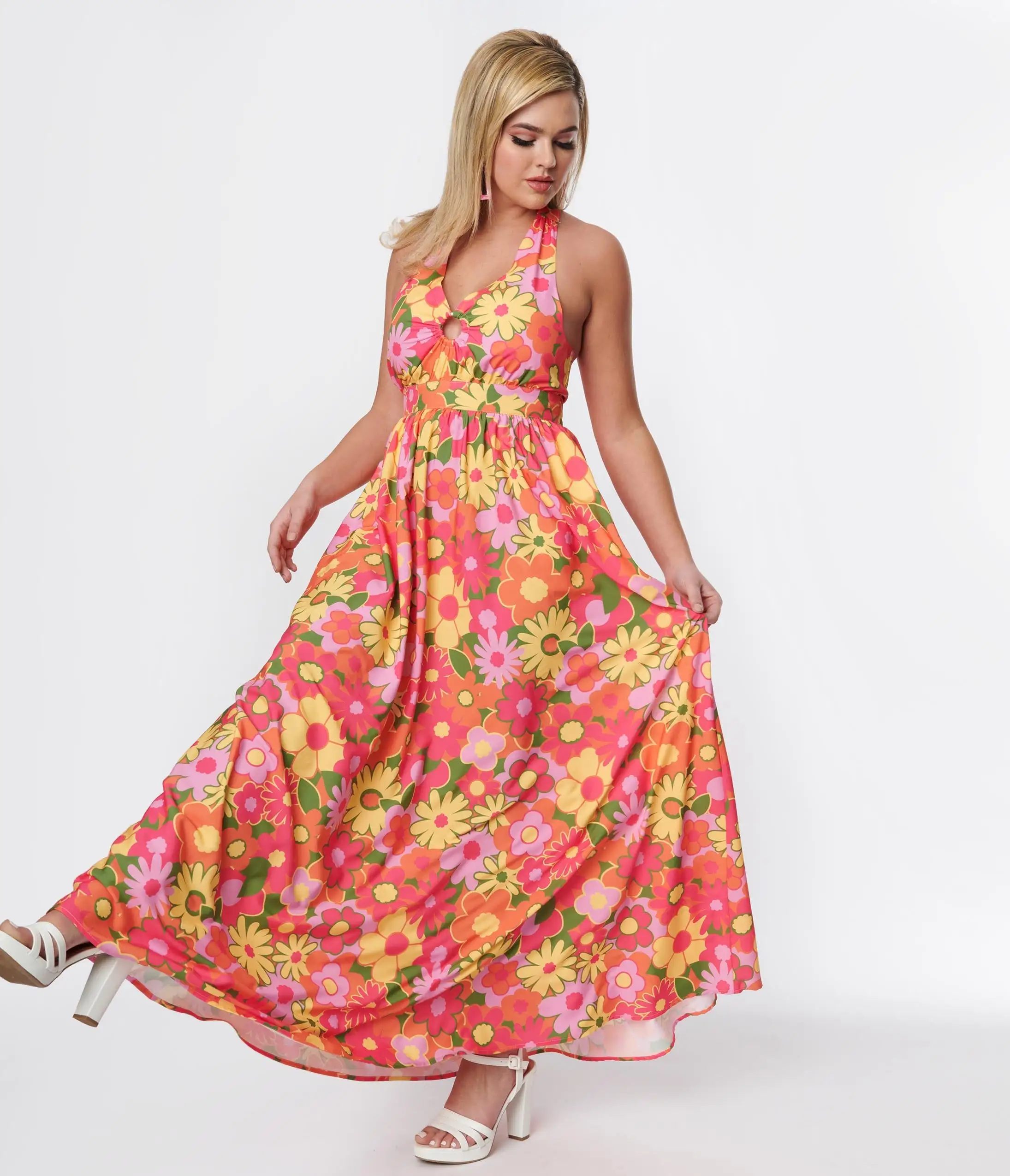Smak Parlour Pink & Orange Floral Halter Maxi Dress