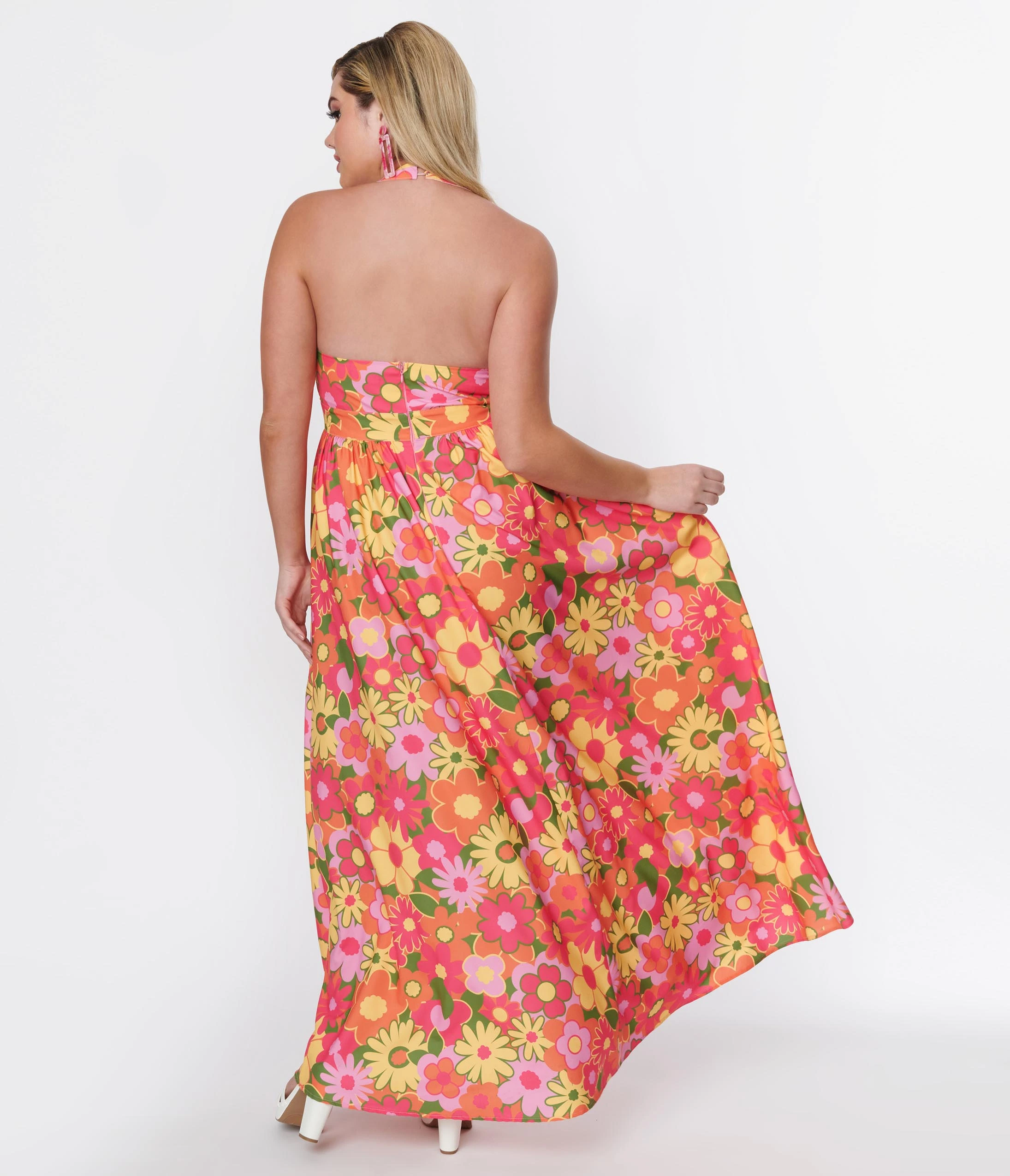 Smak Parlour Pink & Orange Floral Halter Maxi Dress - Image 3