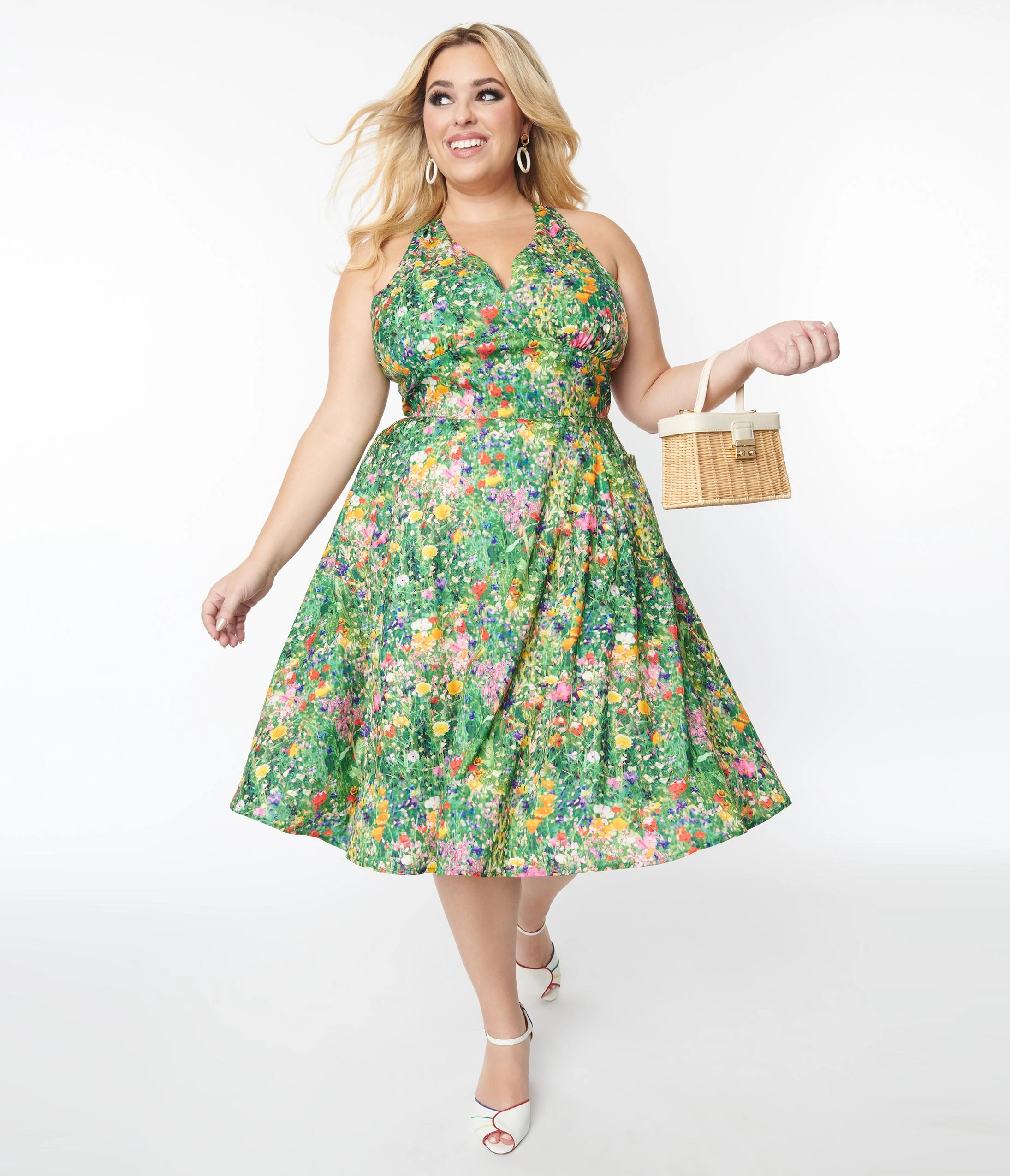 Unique Vintage Plus Size Floral Meadow Halter Swing Dress