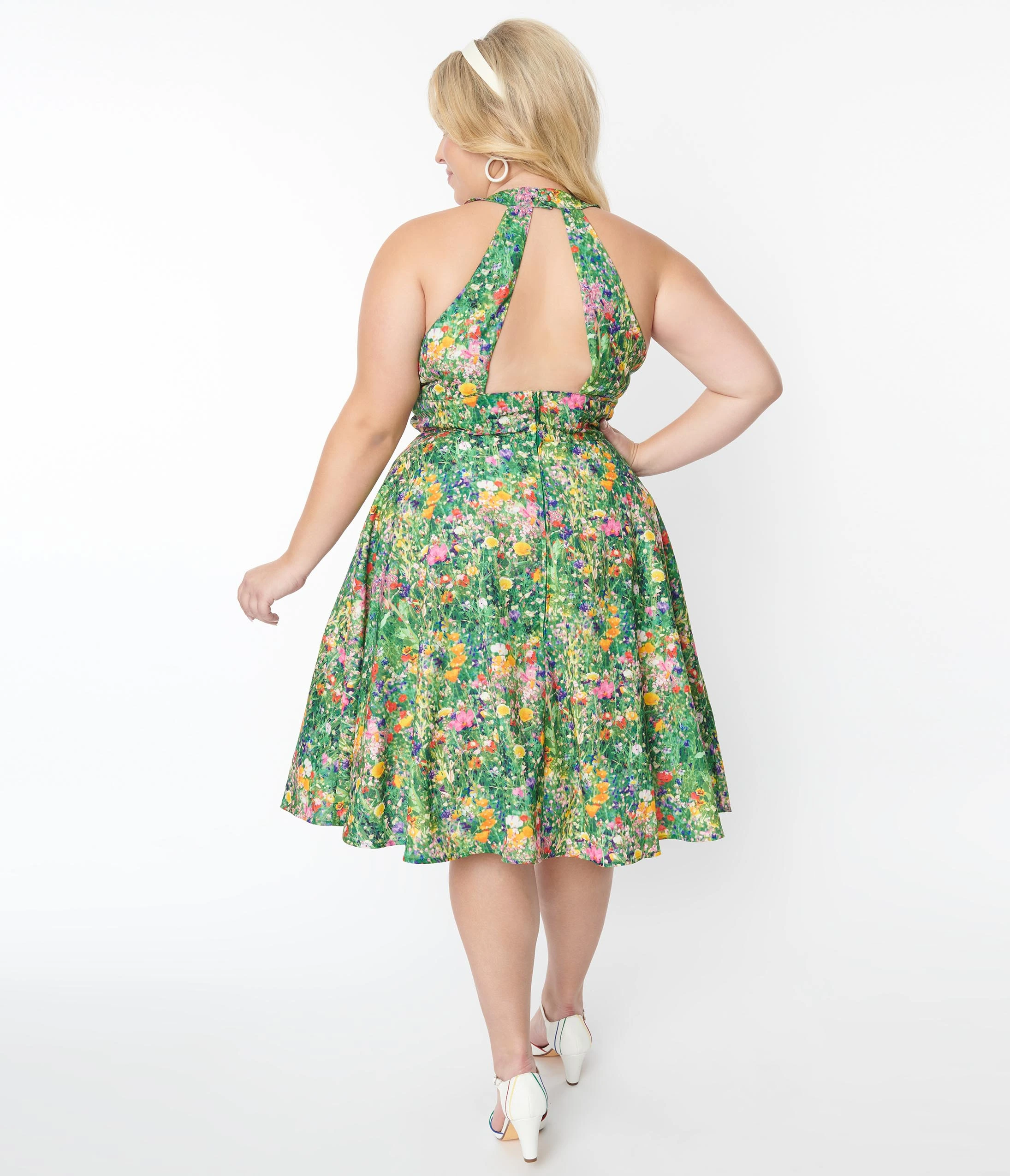 Unique Vintage Plus Size Floral Meadow Halter Swing Dress - Image 3