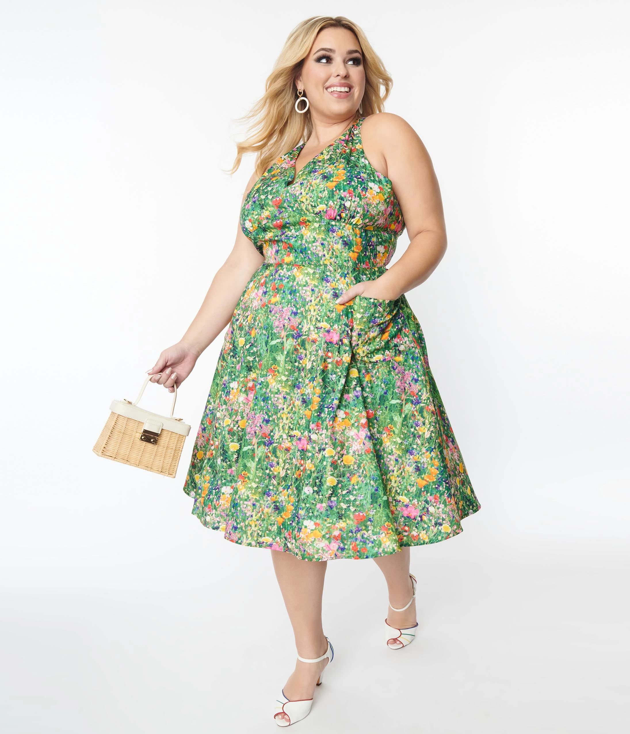 Unique Vintage Plus Size Floral Meadow Halter Swing Dress - Image 4