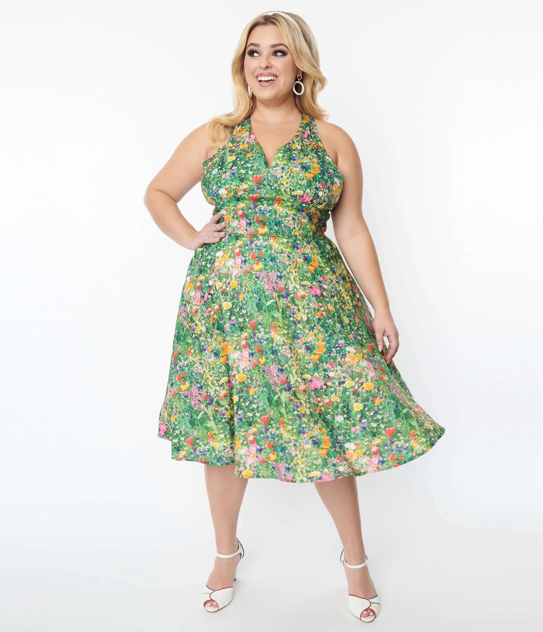 Unique Vintage Plus Size Floral Meadow Halter Swing Dress - Image 5