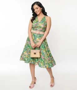 Unique Vintage Meadow Floral Print Halter Swing Dress