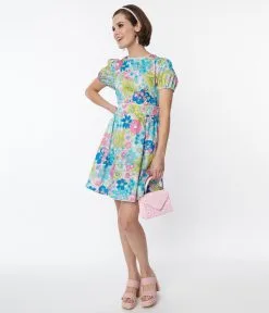 Smak Parlour Blue & Pink Floral Open Back Swing Dress