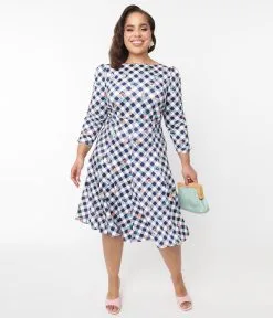 Unique Vintage Curve Navy & White Floral Gingham Swing Dress