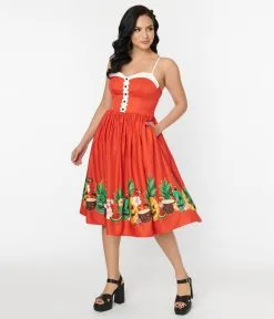 Unique Vintage 1950s Orange June-O-Ween Border Swing Dress