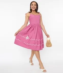 Unique Vintage Mauve Fish Embroidered Bobbie Swing Dress