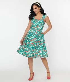 Unique Vintage Teal Strawberry Floral Picnic Swing Dress