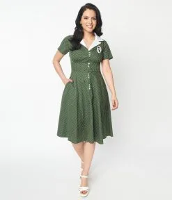 Unique Vintage Green & White Pin Dot Cat Swing Dress