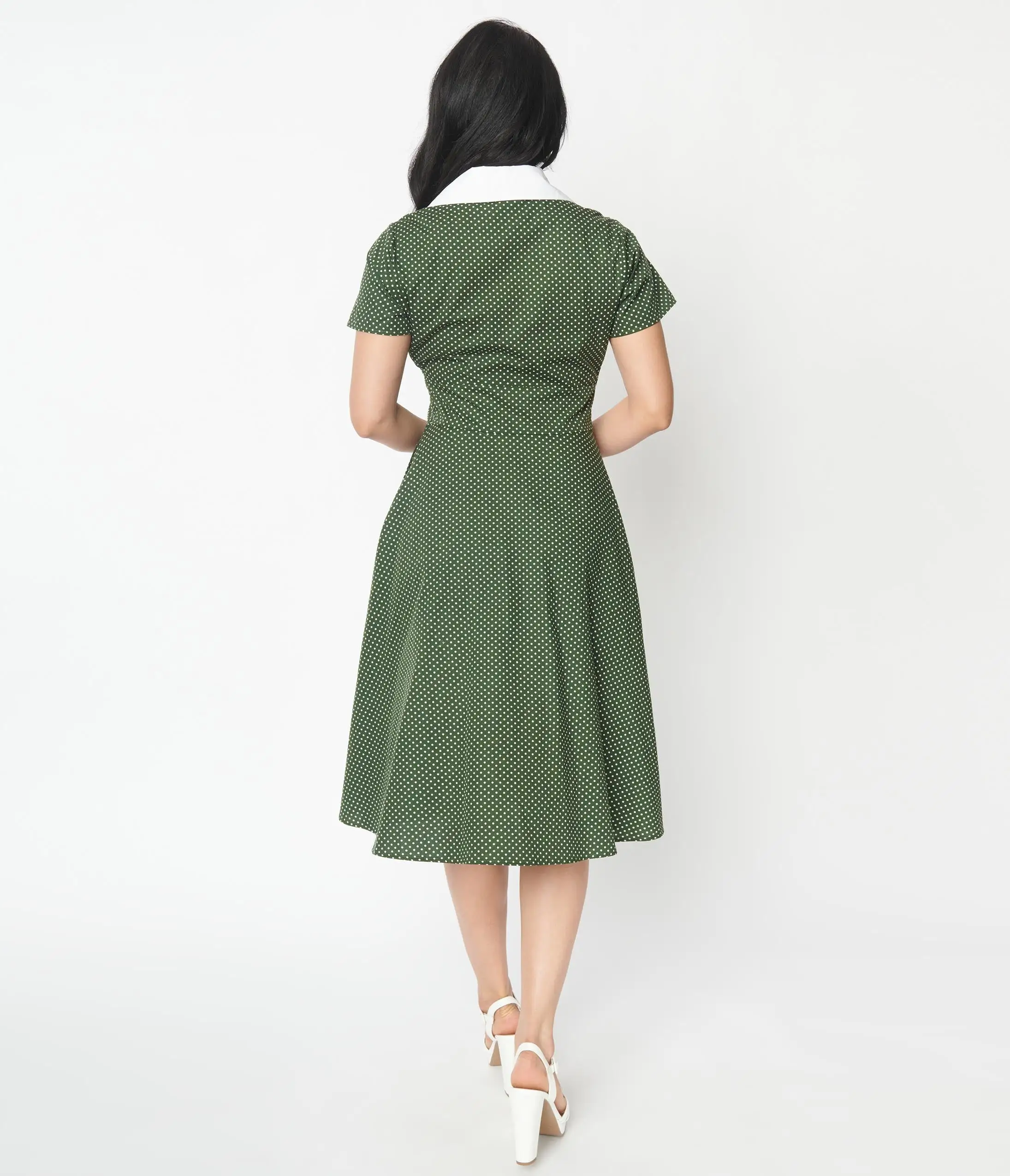 Unique Vintage Green & White Pin Dot Cat Swing Dress - Image 2