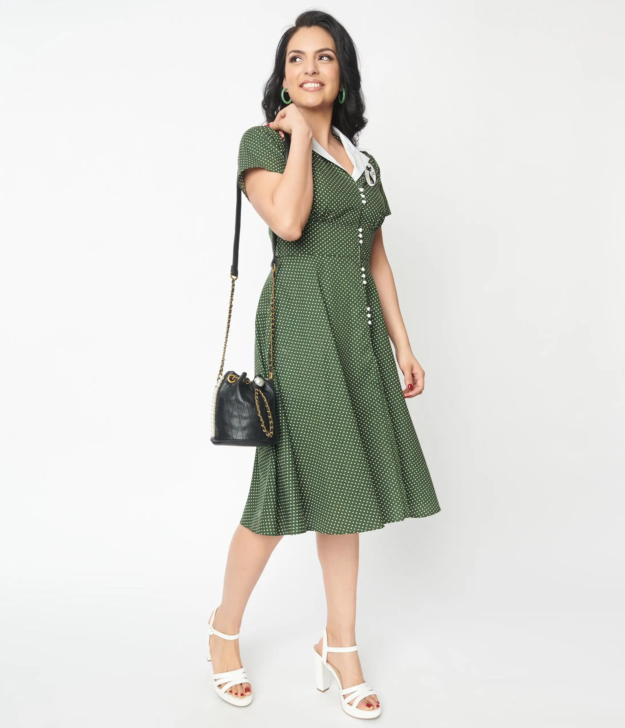 Unique Vintage Green & White Pin Dot Cat Swing Dress - Image 4