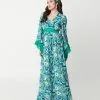 Unique Vintage Teal & Blue Psychedelic Floral Print Maxi Dress