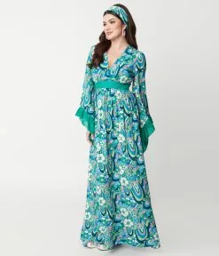 Unique Vintage Teal & Blue Psychedelic Floral Print Maxi Dress