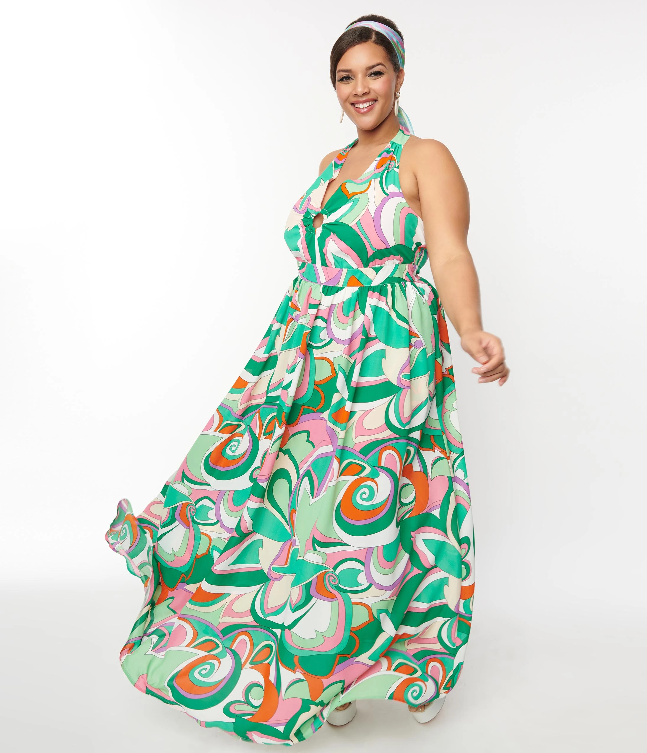 Smak Parlour Green & Pink Psychedelic Floral Halter Maxi Dress - Image 4