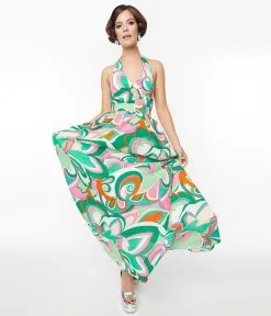 Smak Parlour Green & Pink Psychedelic Floral Halter Maxi Dress