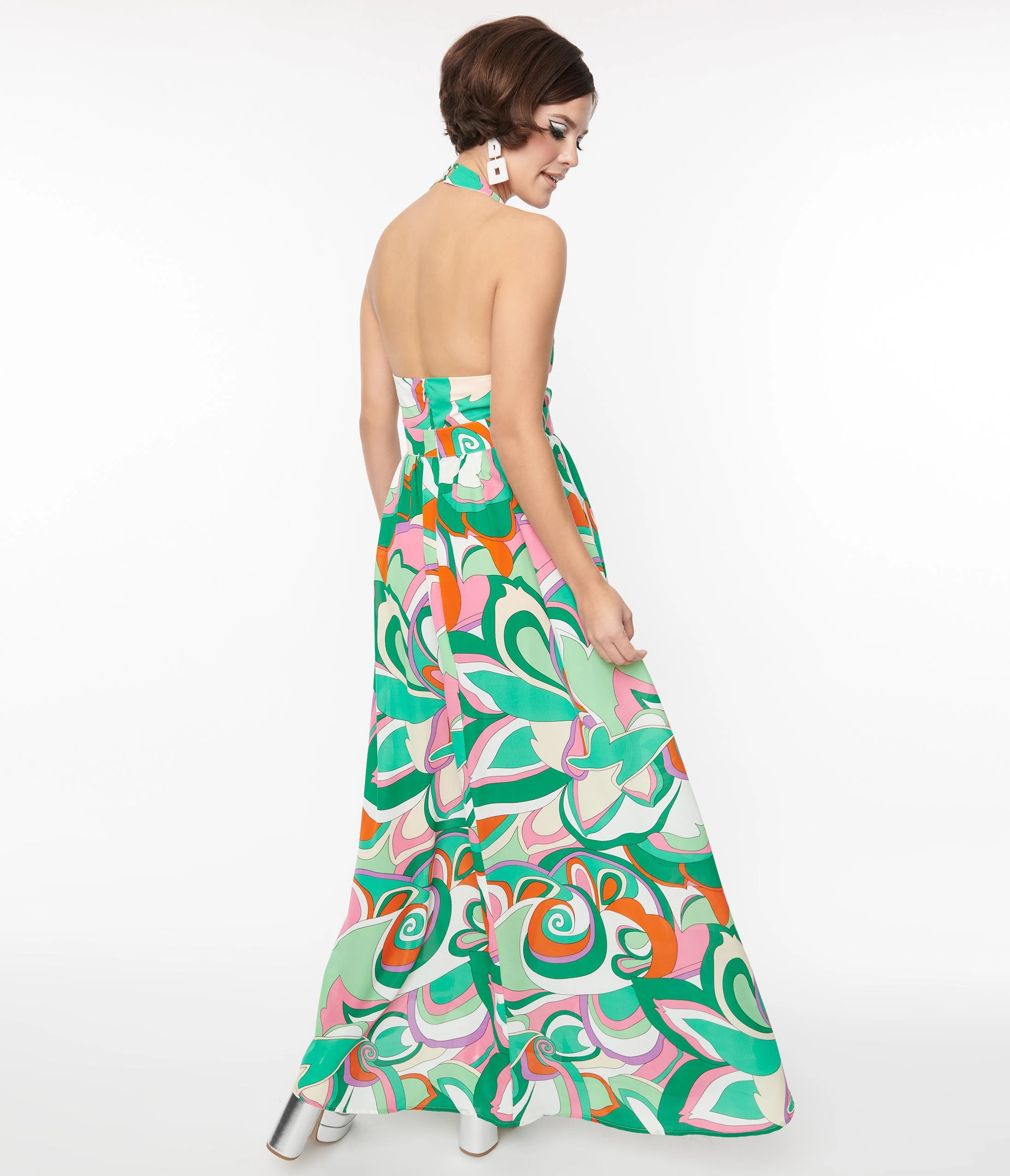 Smak Parlour Green & Pink Psychedelic Floral Halter Maxi Dress - Image 3