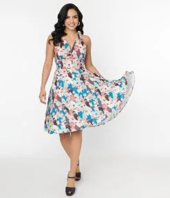 Unique Vintage La Jolla Cove Print Halter Swing Dress