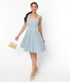 Unique Vintage Dusty Blue Daisy Pinafore Swing Dress