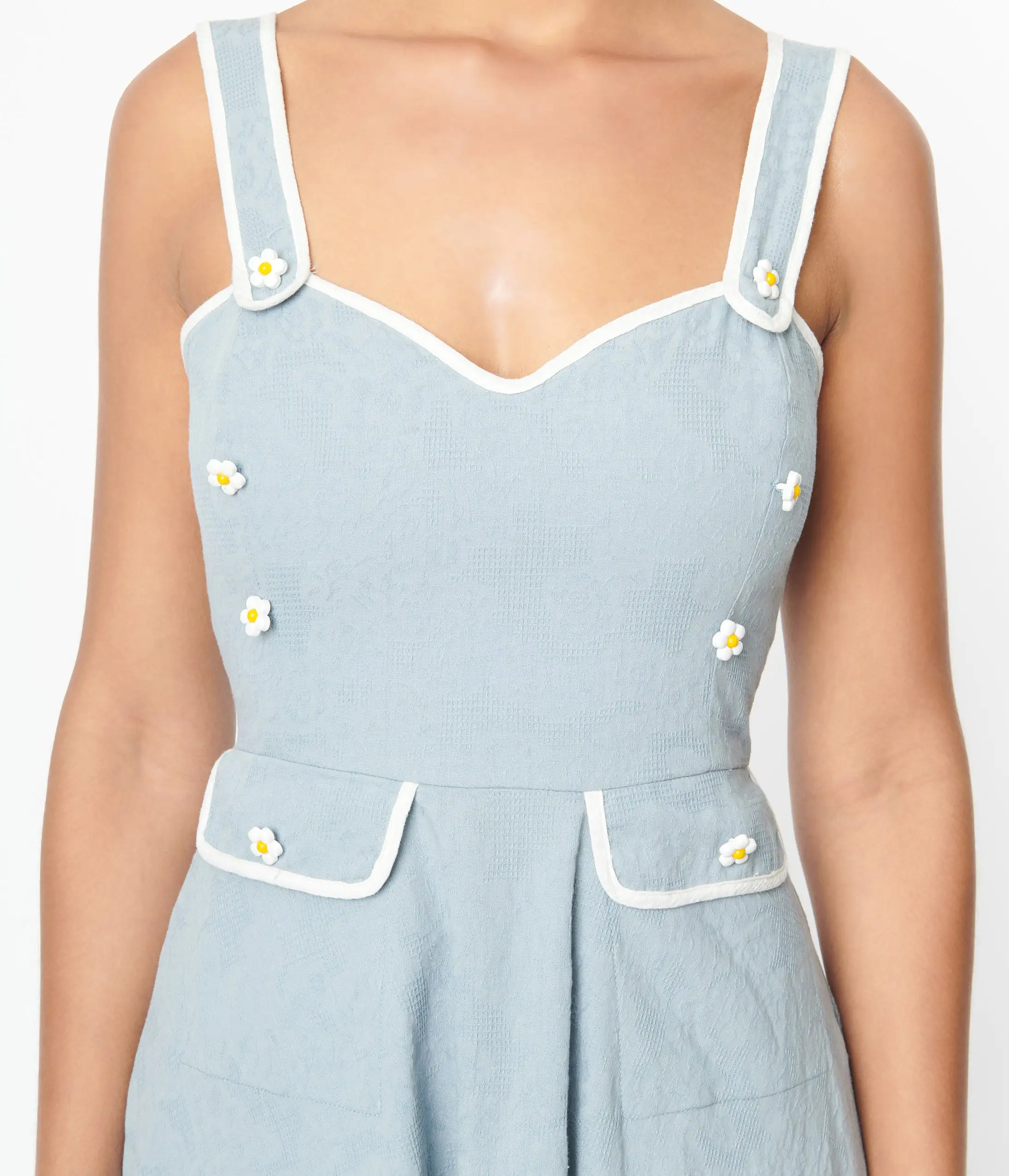 Unique Vintage Dusty Blue Daisy Pinafore Swing Dress - Image 2