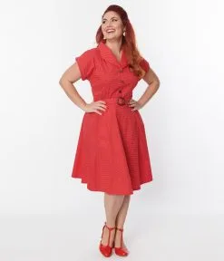 Lifestyle Group (UK) Ltd Plus Size 1950s Belted Red Pin Dot Swing Dress