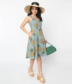 Lifestyle Group (UK) Ltd Dark Green & White Striped Pineapple Swing Dress