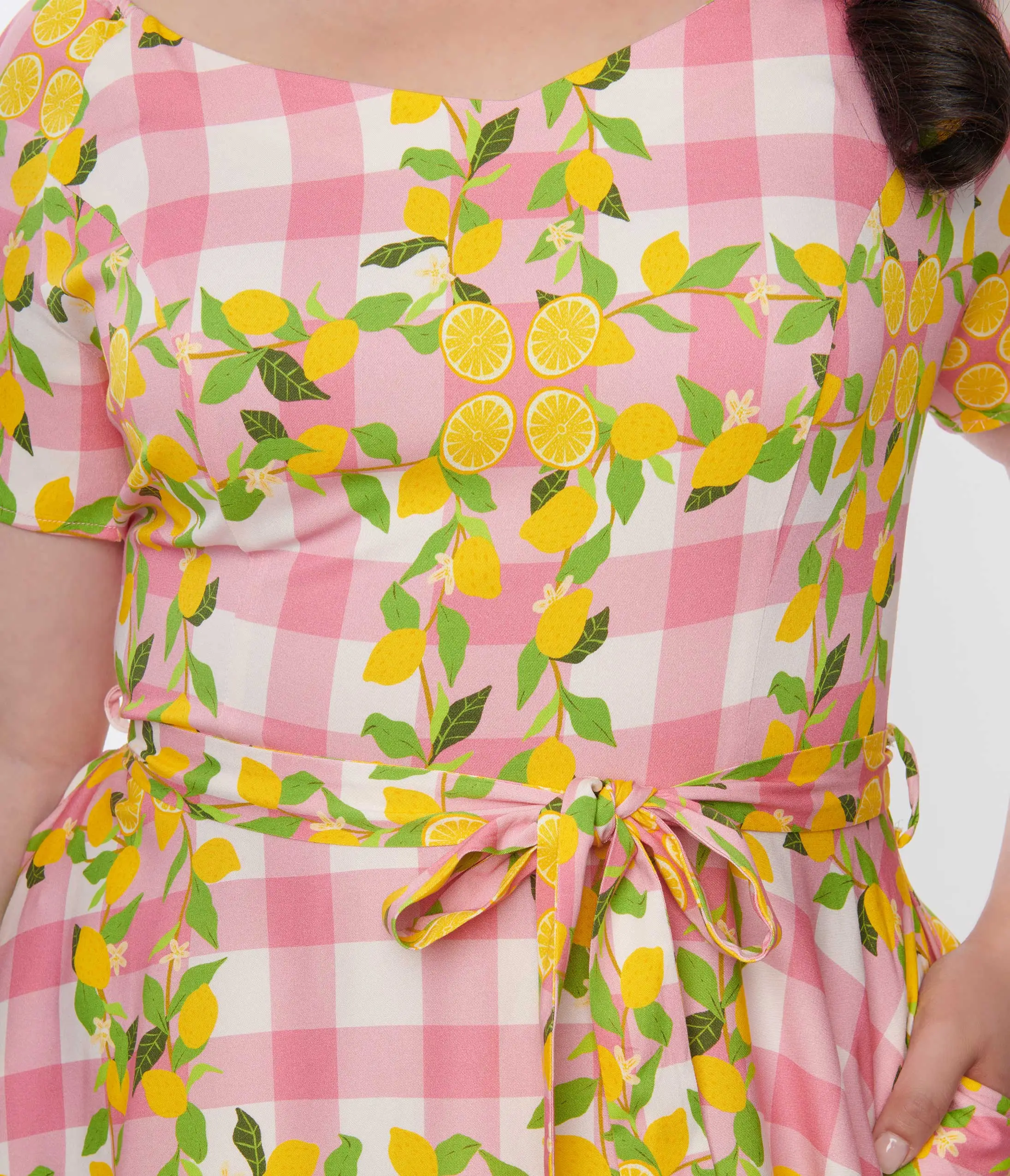 Miss Lulo, Inc. Plus Size Pink Gingham & Lemons Bella Swing Dress - Image 2