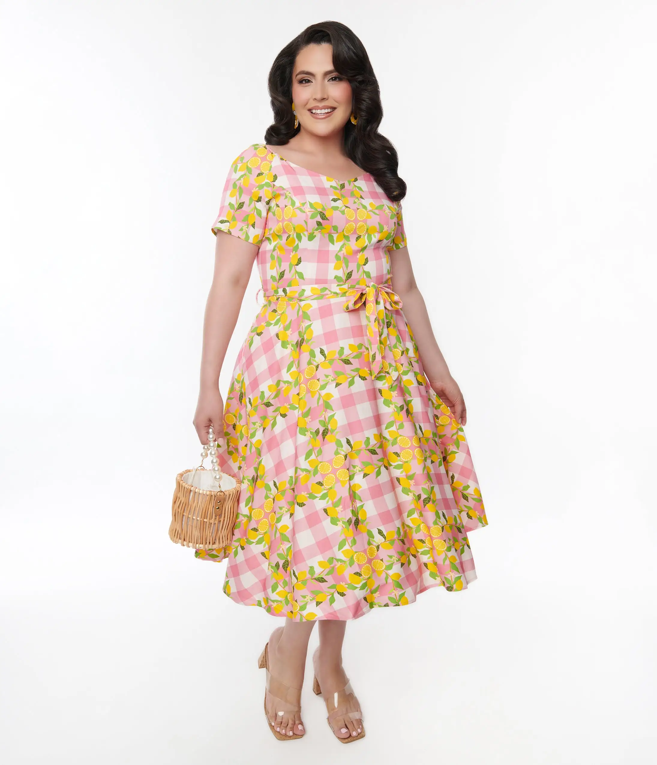 Miss Lulo, Inc. Plus Size Pink Gingham & Lemons Bella Swing Dress - Image 5