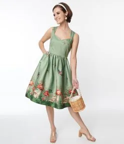 Silver Stop Inc. (Voodoo Vixen) Voodoo Vixen Olive Green Woodland Satin Swing Dress