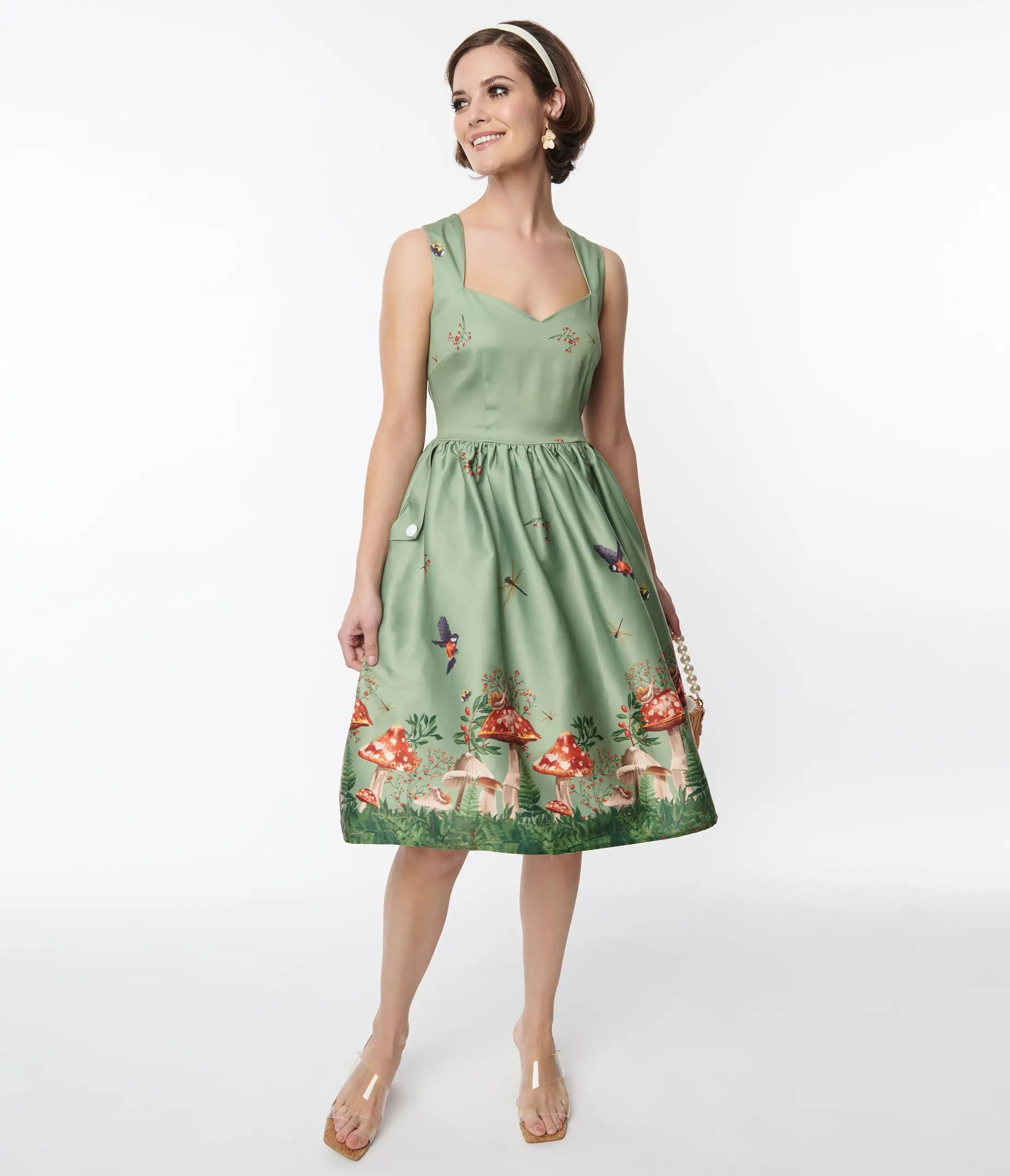 Silver Stop Inc. (Voodoo Vixen) Voodoo Vixen Olive Green Woodland Satin Swing Dress - Image 5