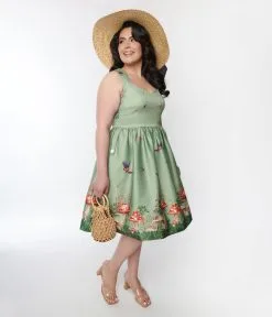 Silver Stop Inc. (Voodoo Vixen) Voodoo Vixen Plus Size Olive Green Woodland Satin Swing Dress