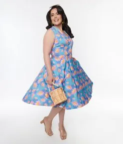 Miss Lulo, Inc. Plus Size Blue Blooming Lotus Jani Swing Dress
